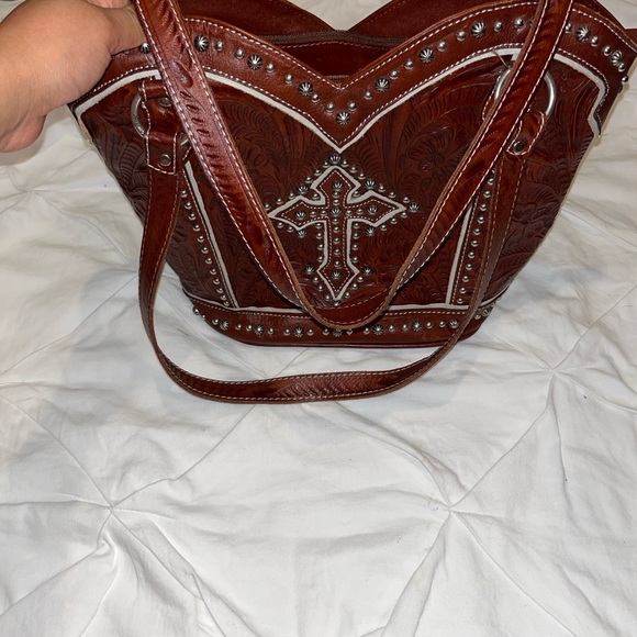 Embossed Brown Leather Crossbody Bag - Picture 4 of 14